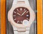 Replica Patek Philippe Nautilus Iced Out 2-Tone Rose Gold Case Watch Red Dial 